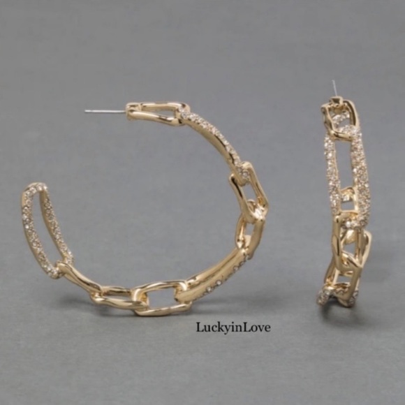 ALEXIS BITTAR NEW Gold Textured Crystal Custom Sculpted Chain Link Hoop Earrings - Picture 2 of 15
